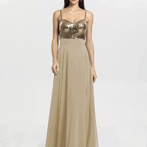 New Gold Sequin Champagne Dress, Aline Bridesmaid Formal Sparkle Gather and Gown